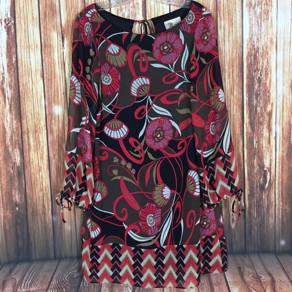 Roulette Mod Florla Chevron Long Sleeve Scoop Neck Brown Red Funky Midi Dress M